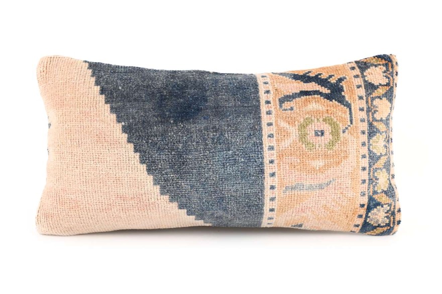 Cream, Navy Blue Ethnic Anatolian Rectangle Vintage Pillow 490-4