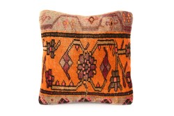 Orange, Dark Beige Ethnic Anatolian Square Vintage Pillow 520-17