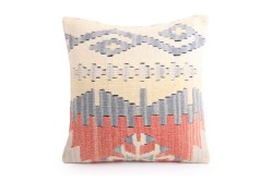 Cream, Pinkish Orange Ethnic Anatolian Square Killim Pillow 491-17