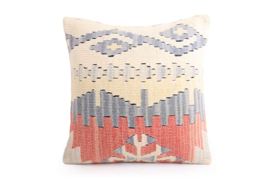 Cream, Pinkish Orange Ethnic Anatolian Square Killim Pillow 491-17