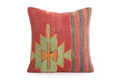 Red, Green Ethnic Anatolian Square Killim Pillow 491-27