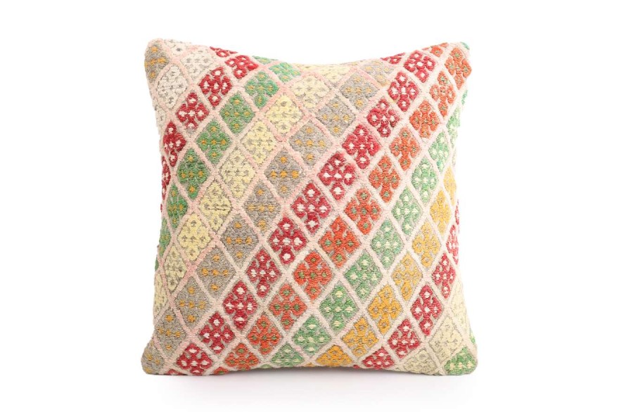 Cream, Colored Ethnic Anatolian Square Killim Pillow 491-29