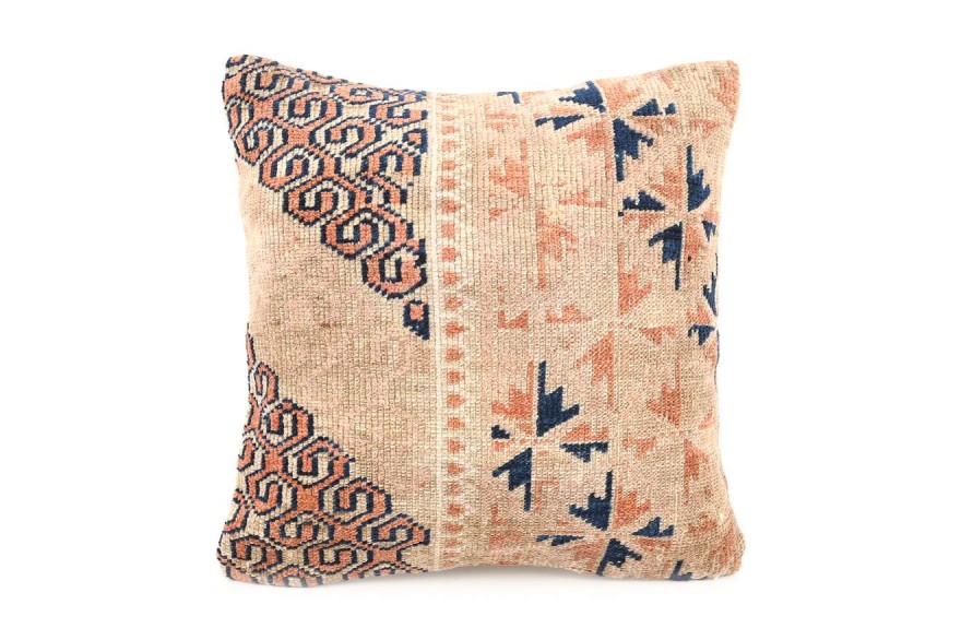 Cream, Dark Beige, Navy Blue Ethnic Anatolian Square Vintage Pillow 494-24