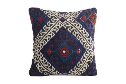 Navy Blue, White Ethnic Anatolian Square Killim Pillow 495-17