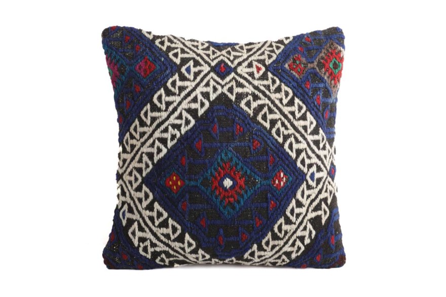 Navy Blue, White Ethnic Anatolian Square Killim Pillow 495-17